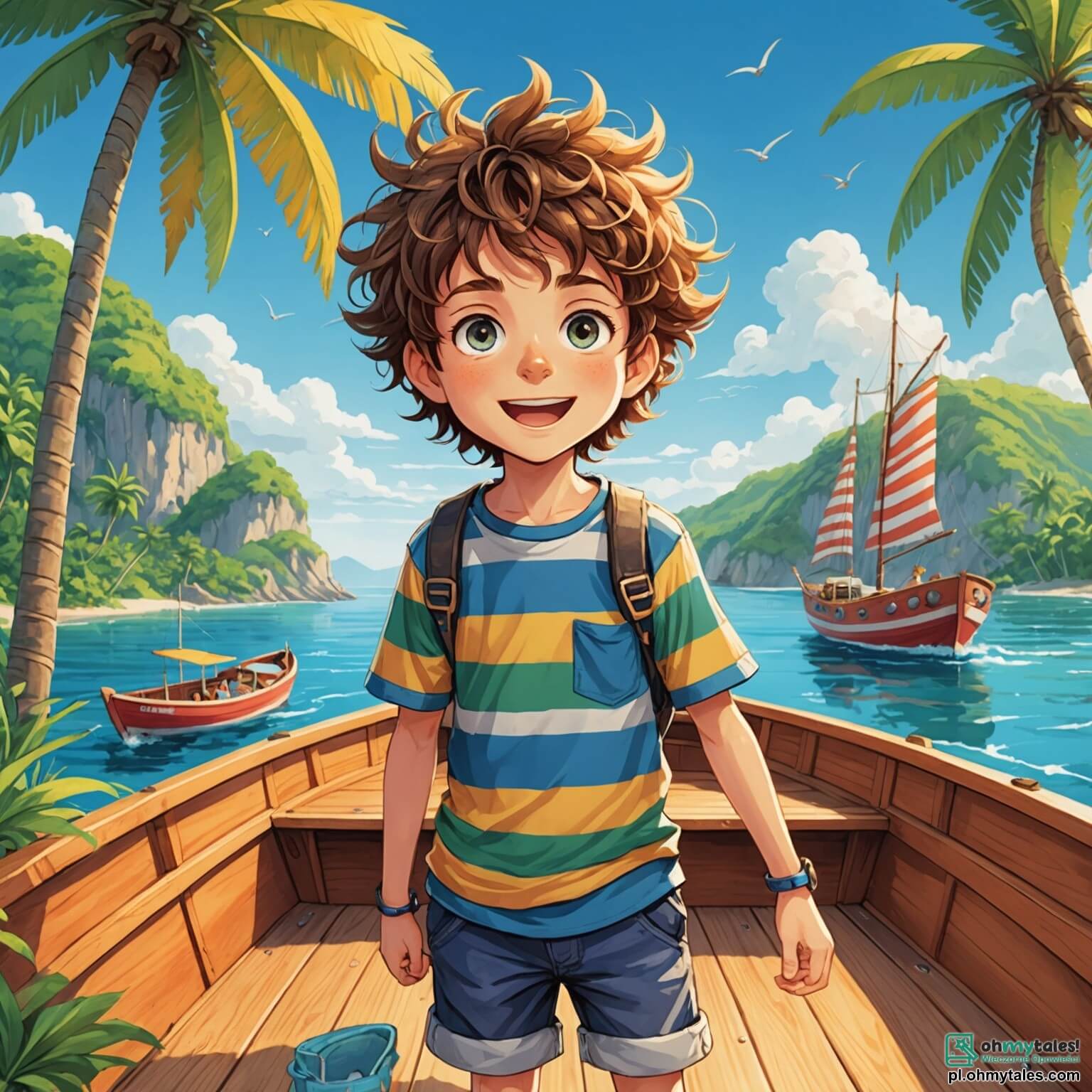 Une illustration destinée aux enfants représentant un petit garçon aux cheveux ébouriffés et aux yeux pétillants d'excitation, vêtu d'un t-shirt rayé et de shorts en toile, se tenant fermement sur le pont d'une colorée et vibrante barque en bois, prêt à naviguer vers une mystérieuse île aux palmiers dansants et aux plages dorées, où l'attendent ses deux fidèles amis, une fille intrépide à la chevelure bouclée et un garçon au sourire malicieux, tous trois déterminés à déchiffrer les secrets d'une ancienne carte au trésor, tout en traversant une jungle luxuriante remplie de chants d'oiseaux exotiques et de lianes suspendues, illuminée par les rayons du soleil qui filtrent à travers le feuillage dense.