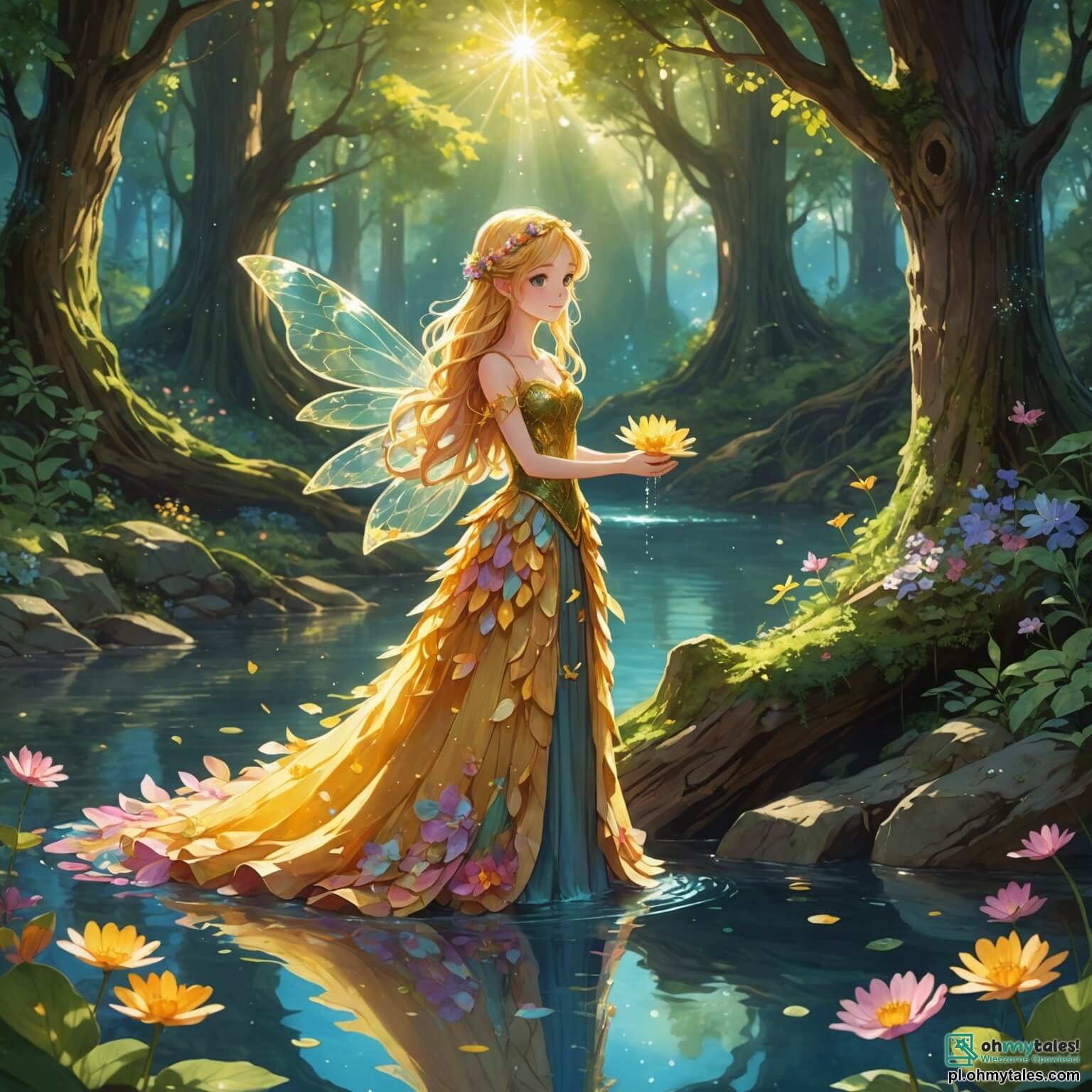 Une illustration destinée aux enfants représentant une délicate elfe aux cheveux d'or scintillant comme des rayons de soleil, vêtue d'une robe faite de pétales de fleurs multicolores, se tenant au bord d'une rivière cristalline serpentant à travers une forêt enchantée où les arbres majestueux, aux troncs noueux et aux feuillages luxuriants, semblent murmurer des secrets anciens, tandis qu'elle se prépare à aider un jeune garçon aux yeux pétillants de curiosité, qui est perdu et cherche à retrouver son chemin, entouré de créatures fantastiques comme des lucioles lumineuses et des papillons aux ailes chatoyantes, dans un monde où la magie et l'aventure se mêlent à chaque souffle du vent.