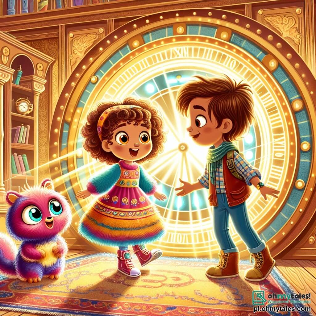 Une illustration sous forme de dessin destinée aux enfants représentant une scène vibrante dans une ancienne pièce de la maison, où une fille de 9 ans aux cheveux bruns et bouclés, vêtue d'une robe colorée, se tient émerveillée devant une machine à voyager dans le temps en forme de grand cercle brillant, tandis qu'un petit extraterrestre aux yeux ronds et brillants, avec un pelage doux et coloré, l'encourage avec un sourire amical, le tout baigné dans une lumière dorée qui évoque l'aventure et la découverte.